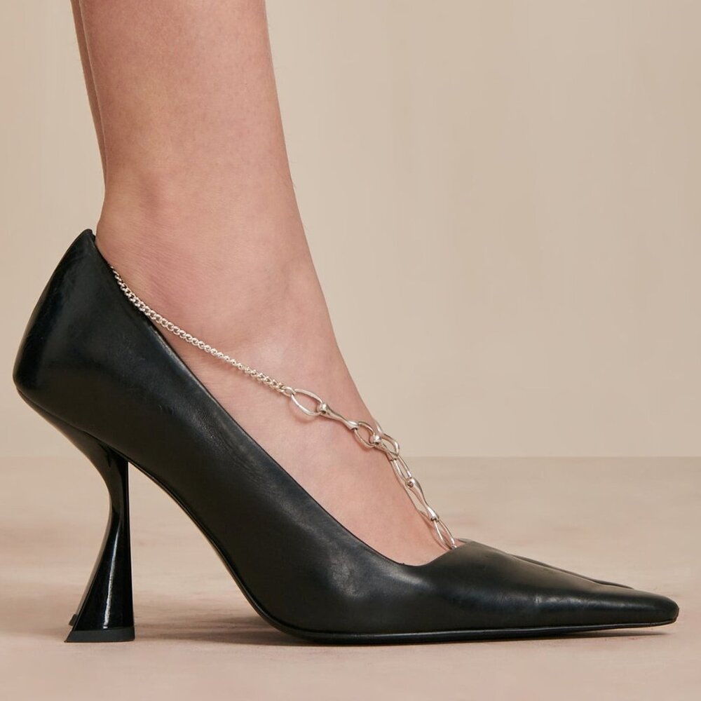 Like NEW Cult Gaia Dionne Pump in Black leather heel chain right 38 7 left 39 8